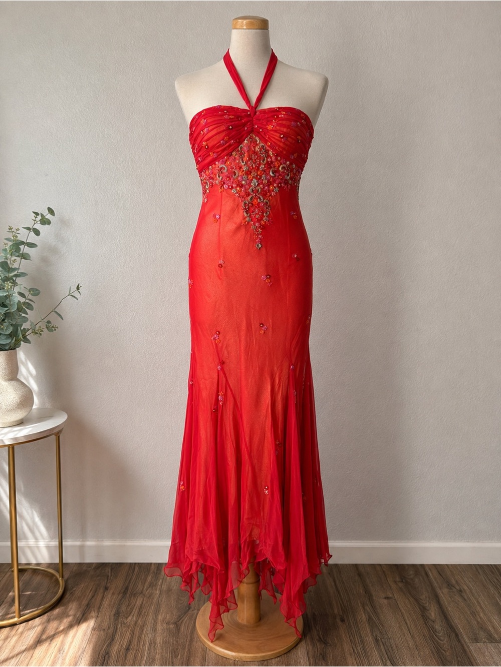 Vintage Y2K SCALA 100% Silk Beaded Halter Fairy Hem Maxi Dress S